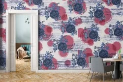 Modern wallpaper with flowers and abstract decorations.