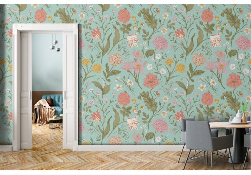 Vintage nature wallpaper with flowers and leaves.