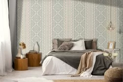 Vintage damask striped wallpaper and decorations.