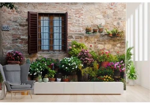 Carta da Parati giardino fiorito con lato abitazione