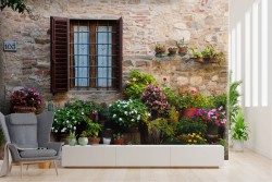 Floral garden wallpaper with house side