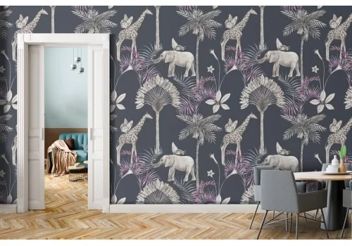 Carta da Parati animali tropicali e alberi natura vintage.