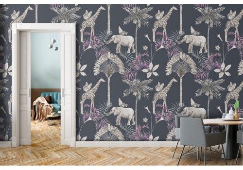 Tropical animals and vintage nature trees wallpaper.