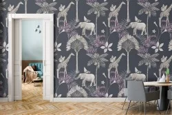 Carta da Parati animali tropicali e alberi natura vintage.