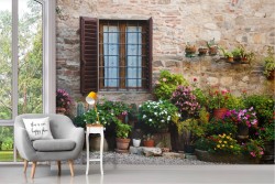 Floral garden wallpaper with house side
