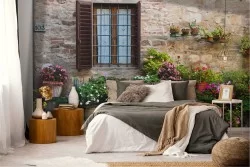 Carta da Parati Foglie e Fiori Mattoni Giardini