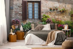 Wallpaper Leaves and Flowers Bricks Gardens