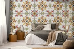 Carta da Parati mattonelle vintage con decori geometrici.