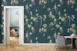 Carta da Parati fiori rosa e foglie verdi natua.