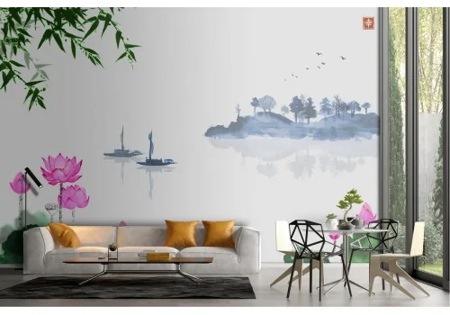 Abstract landscape wallpaper with boats on lake