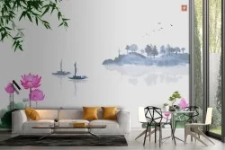 Abstract landscape wallpaper with boats on the lake