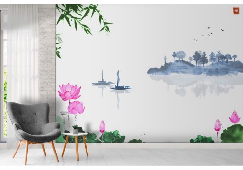 Abstract landscape wallpaper with boats on the lake 2