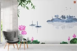 Abstract landscape wallpaper with boats on the lake