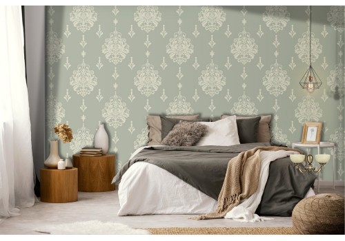Vintage Damask Wallpaper Green Pattern.