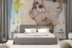 Vintage painted wallpaper worn on wall and wall stickers