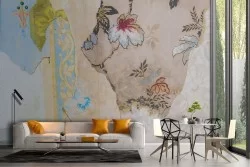 Vintage painted wallpaper worn on wall and wall stickers