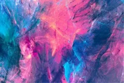 Abstract painted wallpaper in blue and fuchsia colors and wall stickers