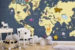 Children's wallpaper world map with animals and wall stickers