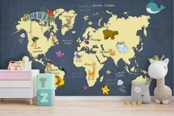 Children's wallpaper world map with animals and wall stickers