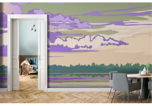 Carta da Parati paesaggio illustrazione bosco cielo nuvoloso