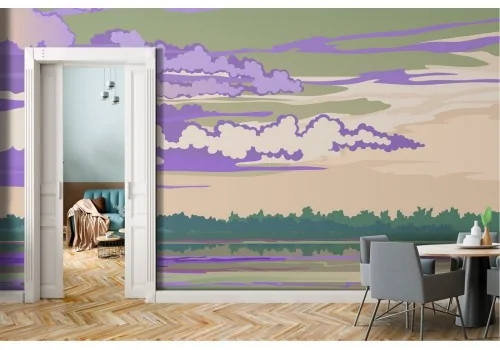 Carta da Parati paesaggio illustrazione bosco cielo nuvoloso