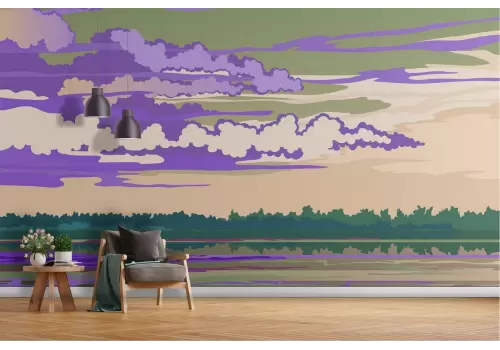 Carta da Parati paesaggio illustrazione bosco cielo nuvoloso 2