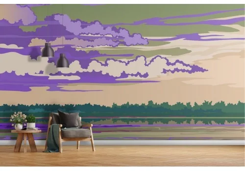 Carta da Parati paesaggio illustrazione bosco cielo nuvoloso 2