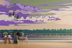 Carta da Parati paesaggio illustrazione bosco cielo nuvoloso