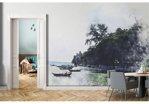 Carta da Parati oceano tropicale con barche paesaggio