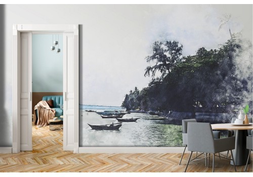 Tropical ocean wallpaper with boats landscape