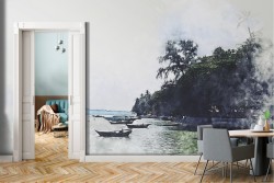 Tropical ocean wallpaper with boats landscape