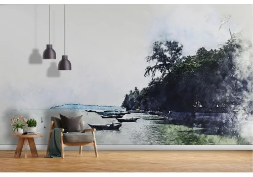 Tropical ocean wallpaper with boats landscape 2