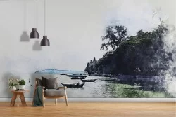 Carta da Parati oceano tropicale con barche paesaggio