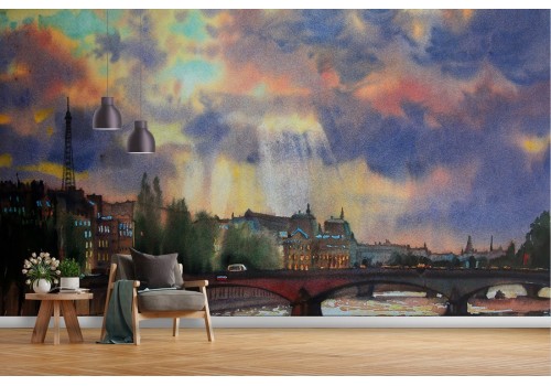 Wallpaper painted city Paris river Seine 2