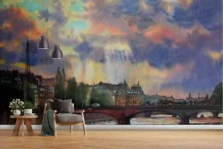 Wallpaper painted city Paris river Seine
