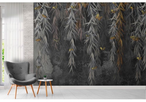 Black cement surface wallpaper with plants 2