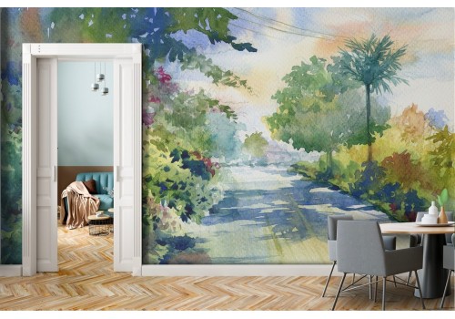 Wallpaper painted abstract nature forest with road
