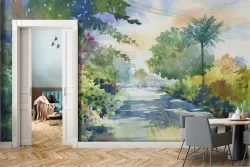 Wallpaper painted abstract nature forest with road