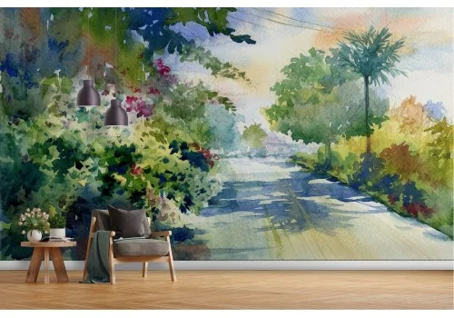 Wallpaper painted abstract nature forest with road 2