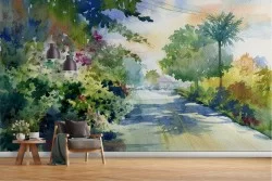 Carta da Parati dipinto astratto natura foresta con strada