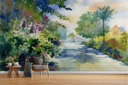 Wallpaper painted abstract nature forest with road