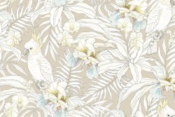 Wallpaper with white flowers and tropical nature parrots