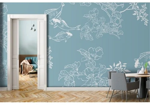 Oriental nature stylized wallpaper with flowers and carp 2