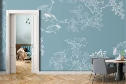 Oriental nature stylized wallpaper with flowers and carp
