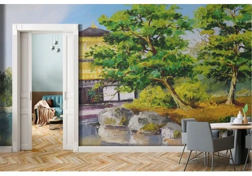 Carta da Parati paesaggio pagoda giapponese con lago