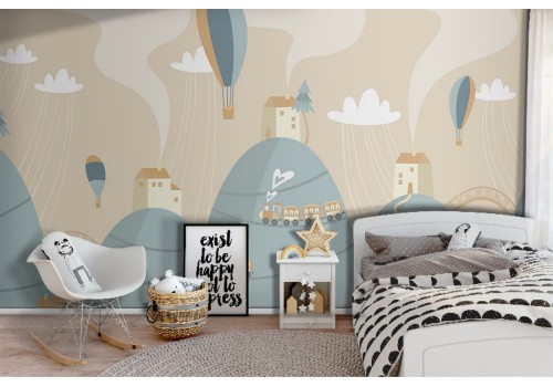 Children's wallpaper with trains and hot air balloons 2