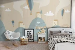 Children's wallpaper with trains and hot air balloons