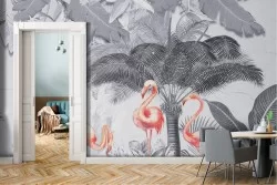 Tropical nature wallpaper with flamingos vintage landscape