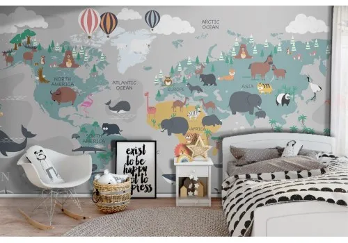 Children's world map wallpaper with animals