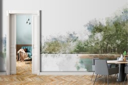 Wallpaper landscape forest on the lake nature watercolor